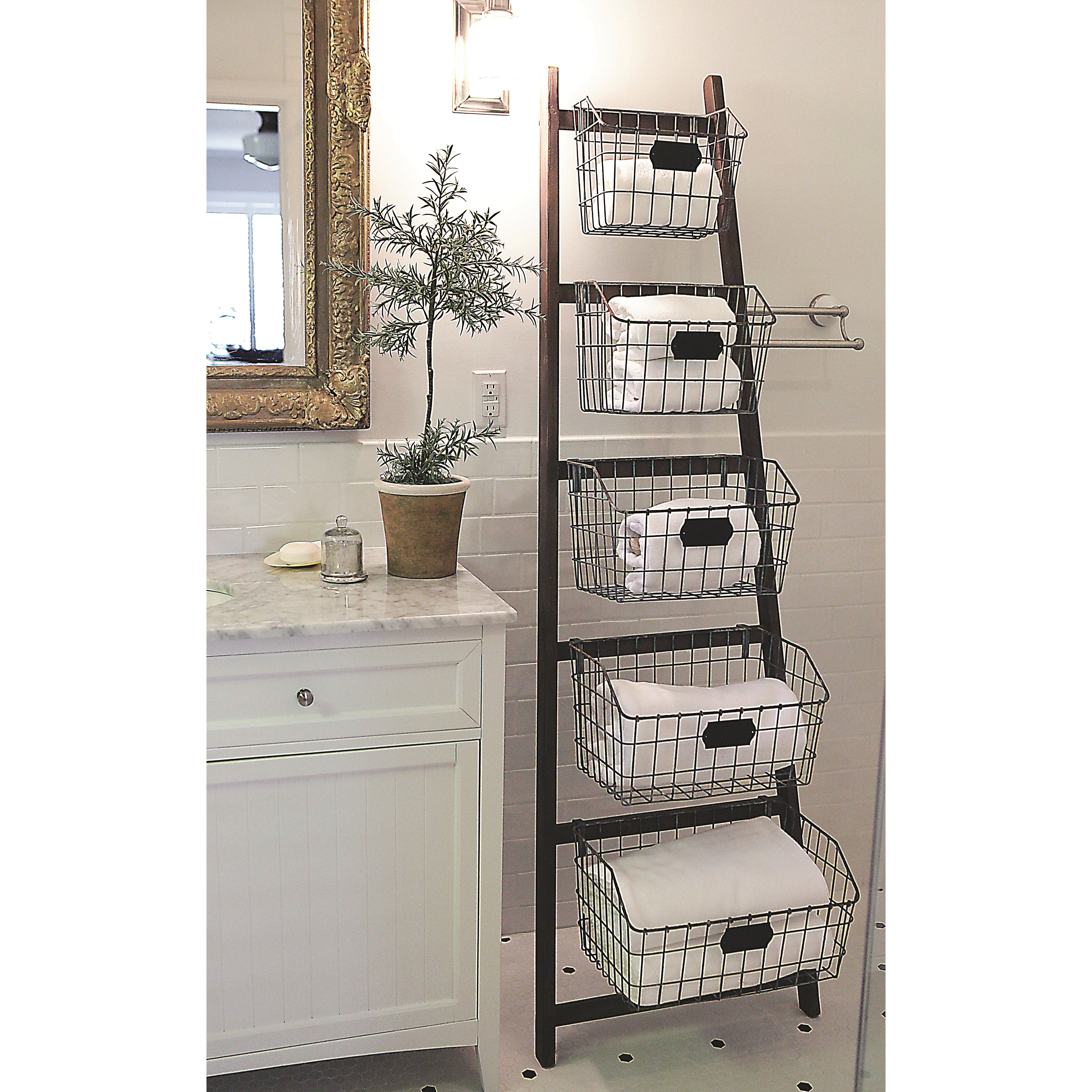 Bistro Wood Ladder with 5 Wire Baskets | Wayfair