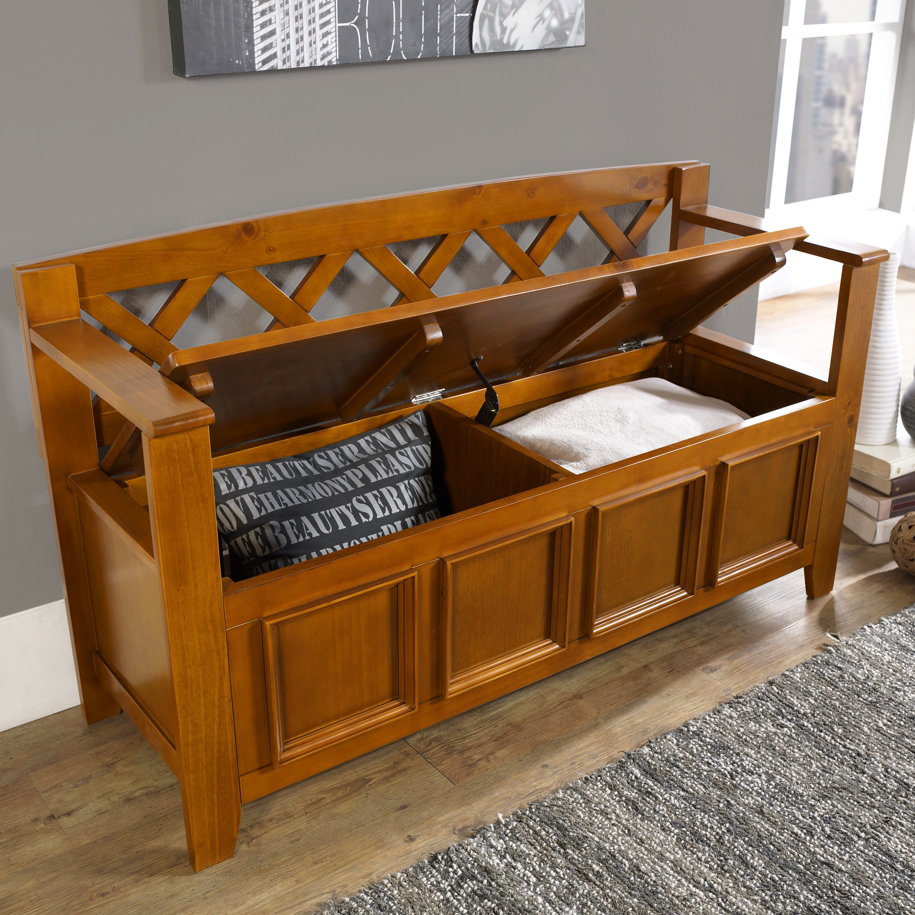 A closer look at Wooden Entryway Bench With Cushions And Storage And Backrest And Cushions