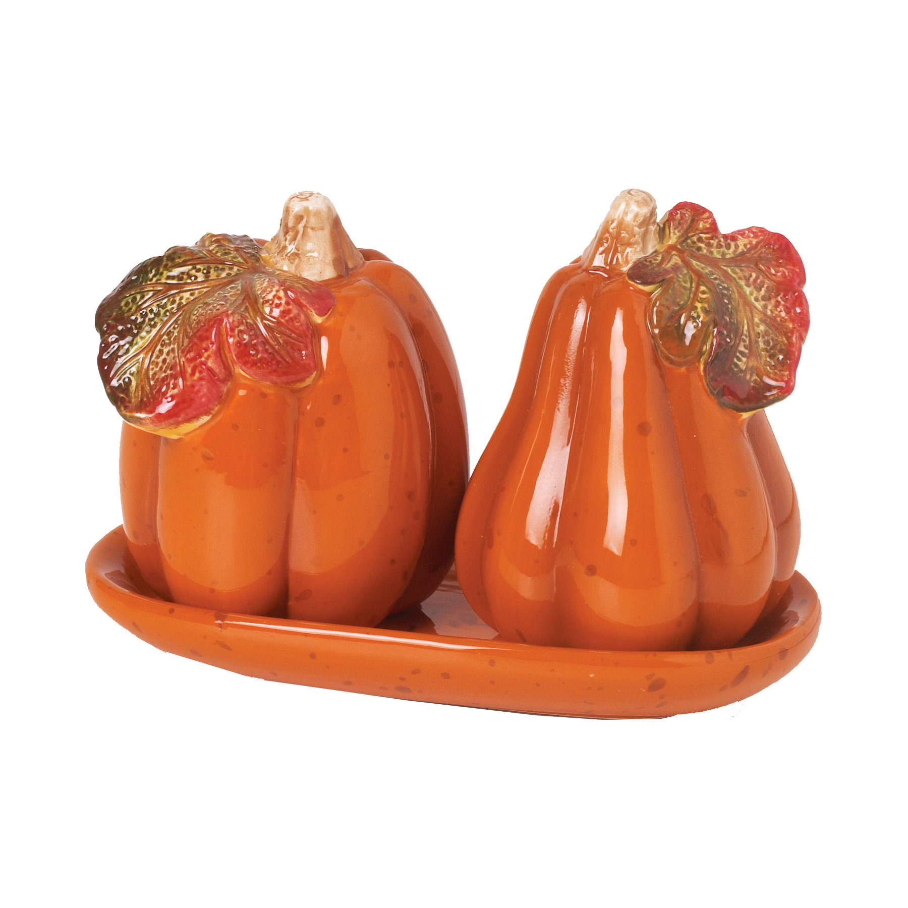 Harvest 3 Piece Dolomite Pumpkin Salt and Pepper Shaker with Tray Set