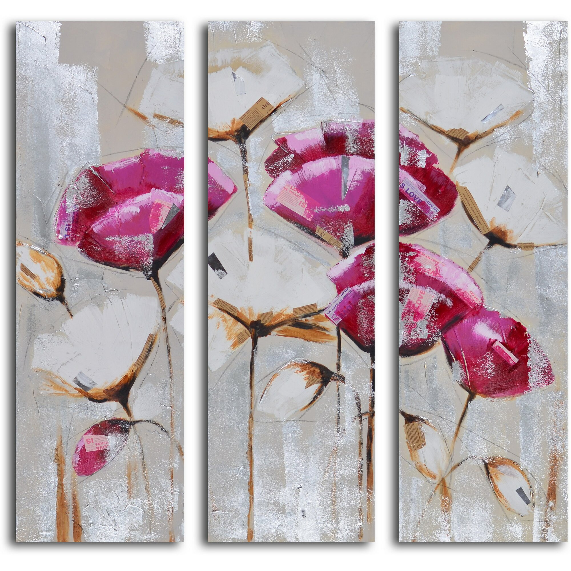 'Poppy Triptych' 3 Piece Original Painting on Wrapped Canvas Set | Wayfair