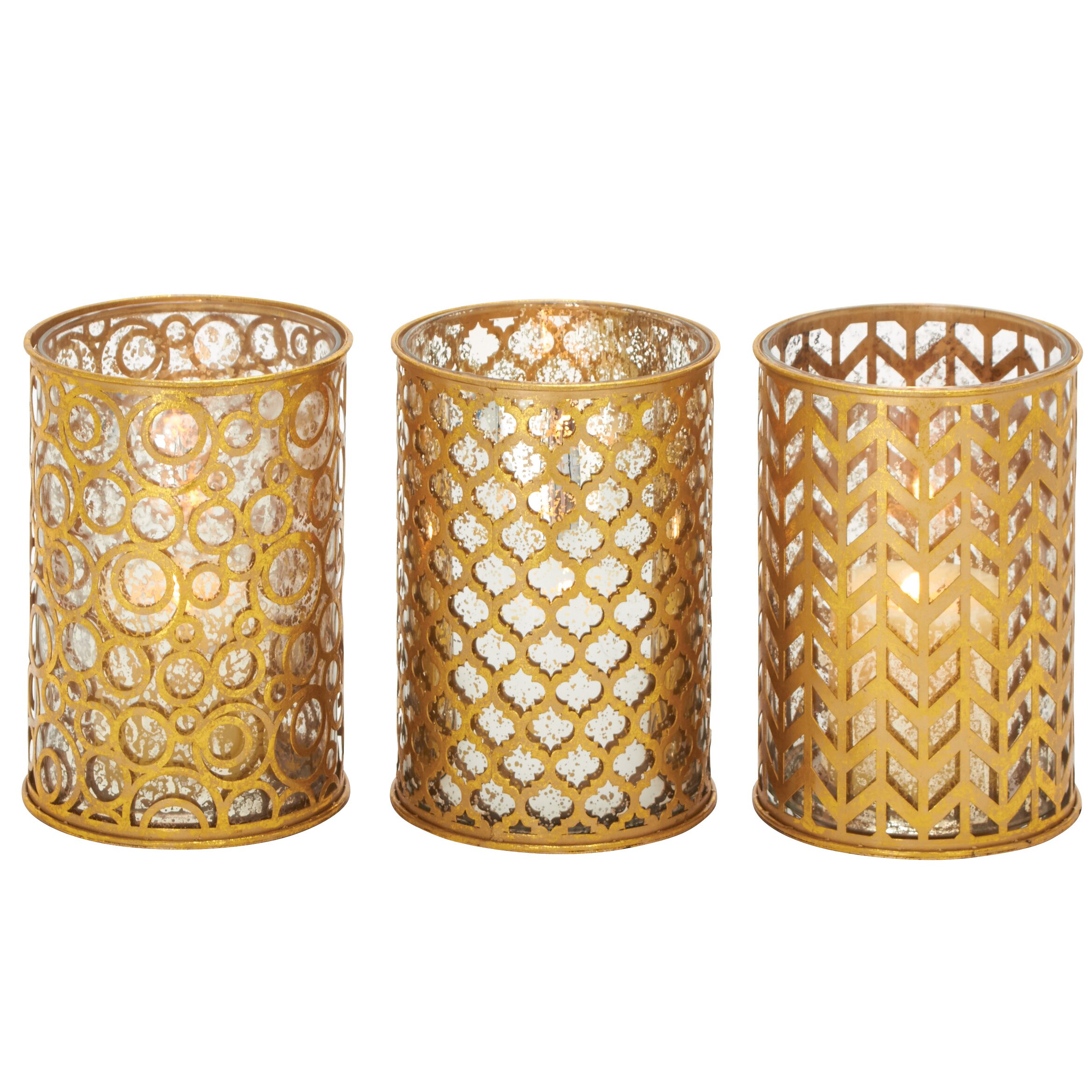 3 Piece Classy Metal Glass Hurricane Set | Wayfair