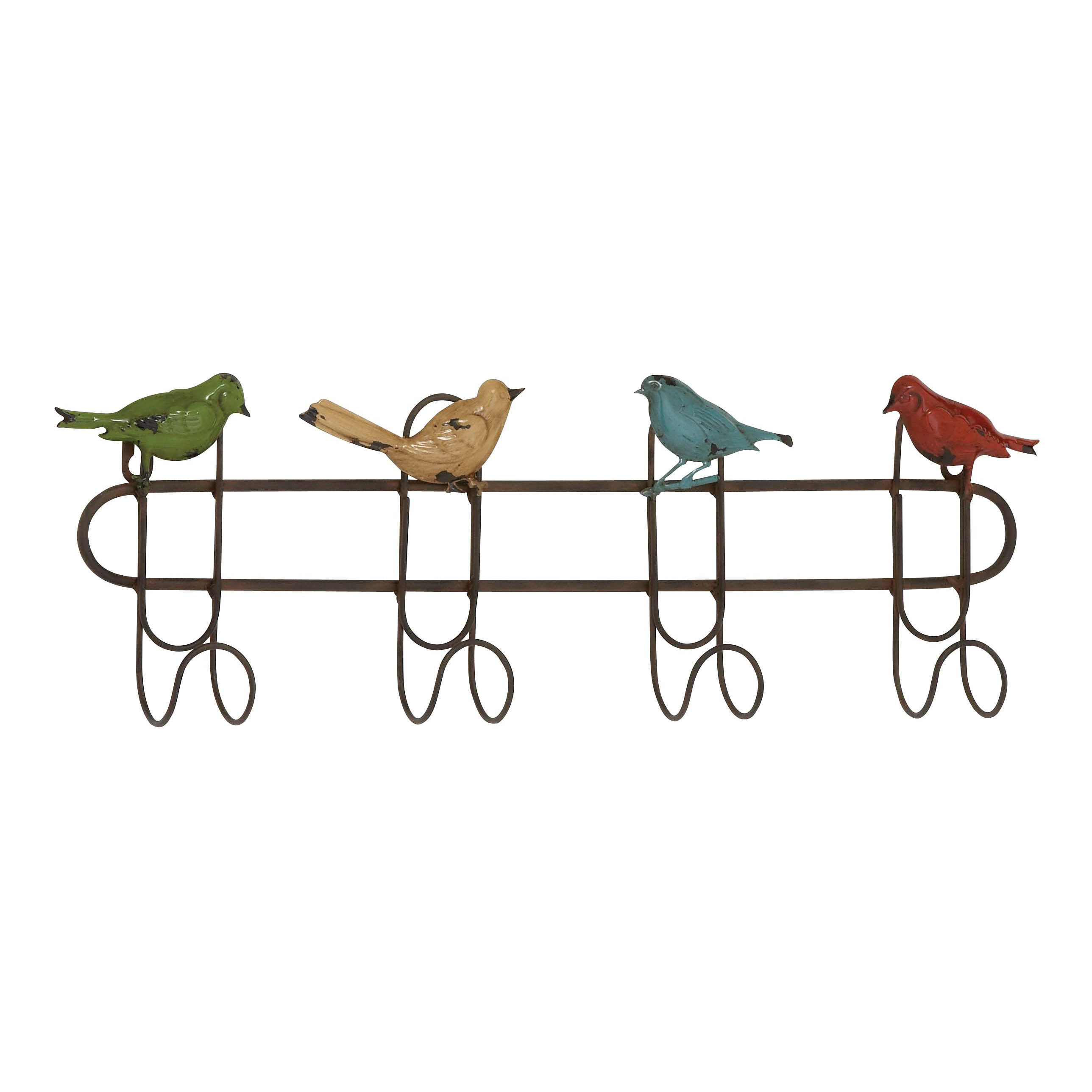 Woodland Imports Quartet of Colorful Singing Sparrows 4 Hook Metal Coat