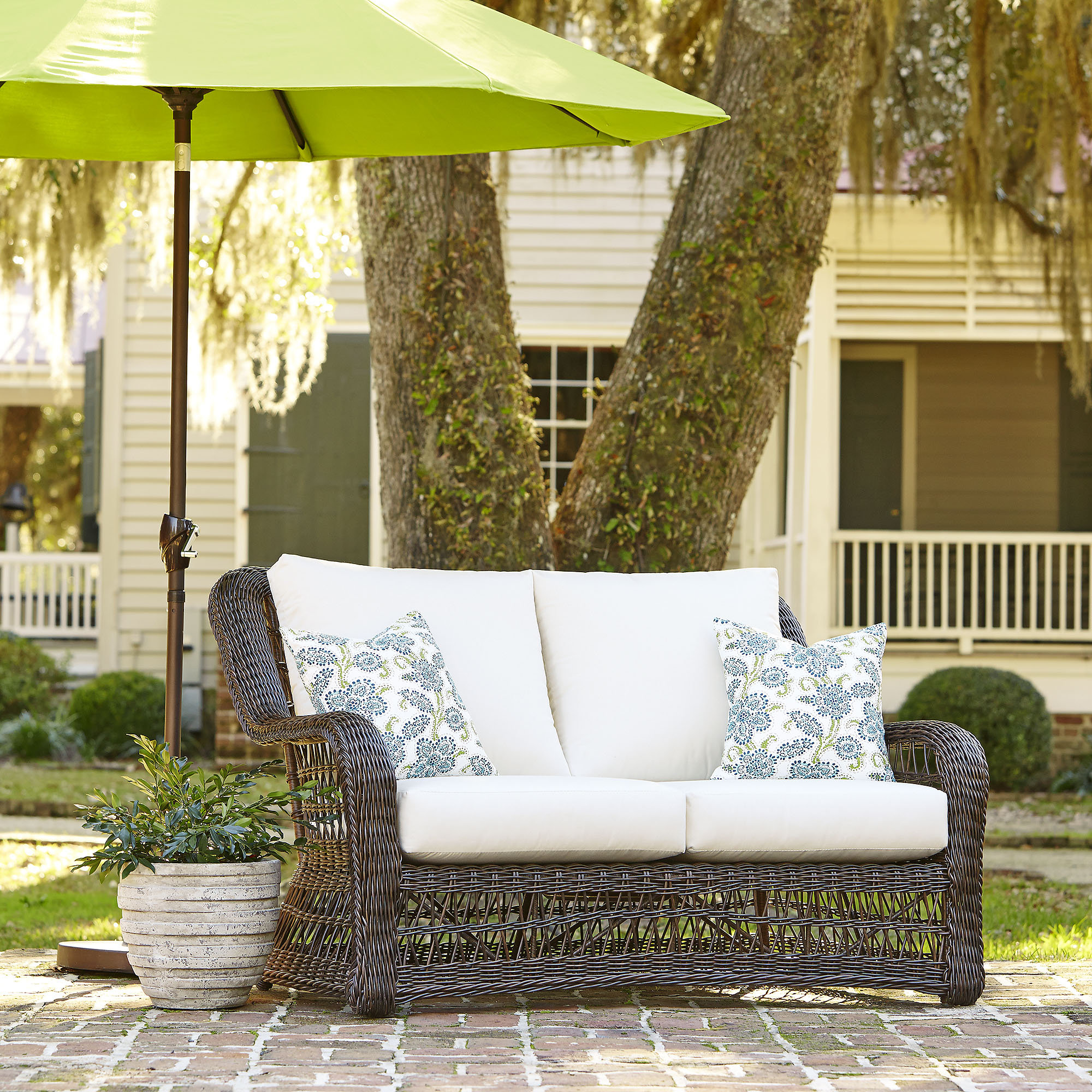 Birch Lane Rosemead Wicker Loveseat with Sunbrella® Cushions Birch Lane