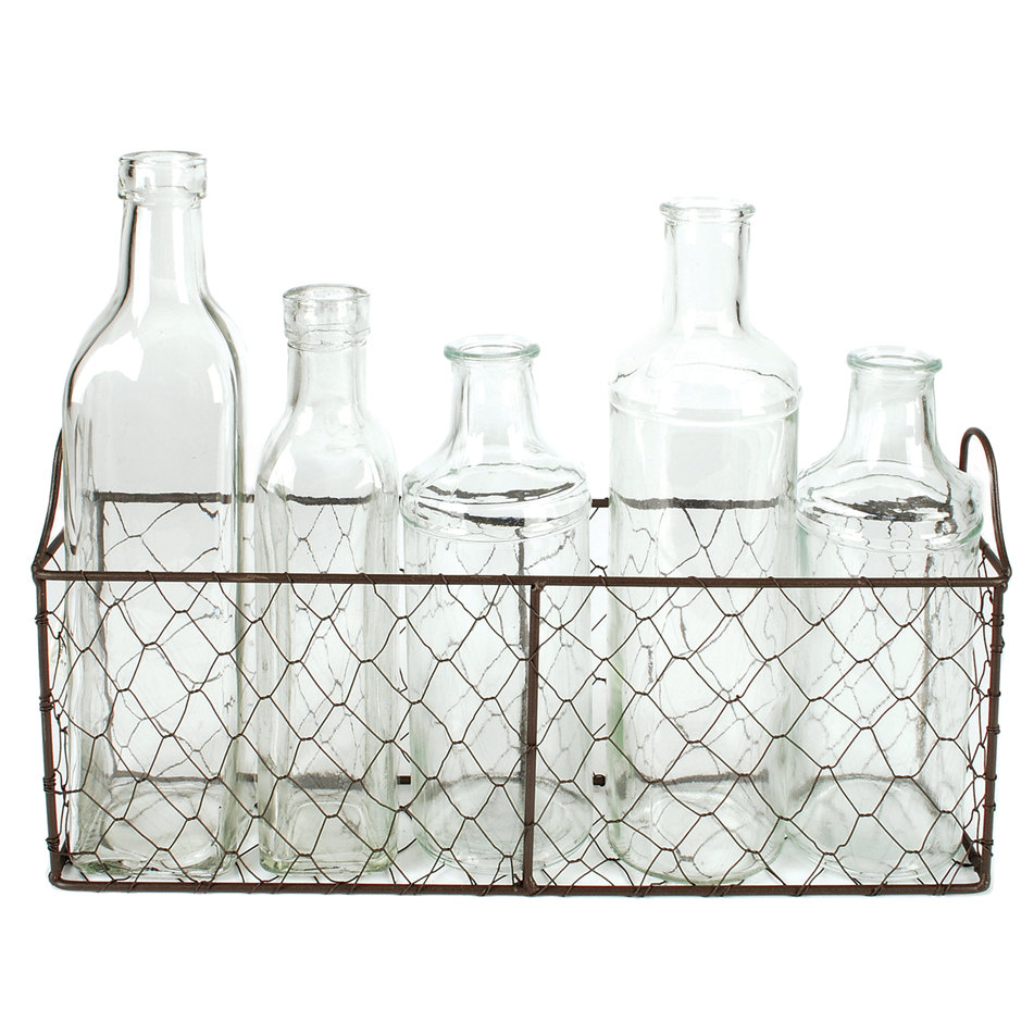 Wire Basket With 5 Assorted Size Glass Bottles Wayfair