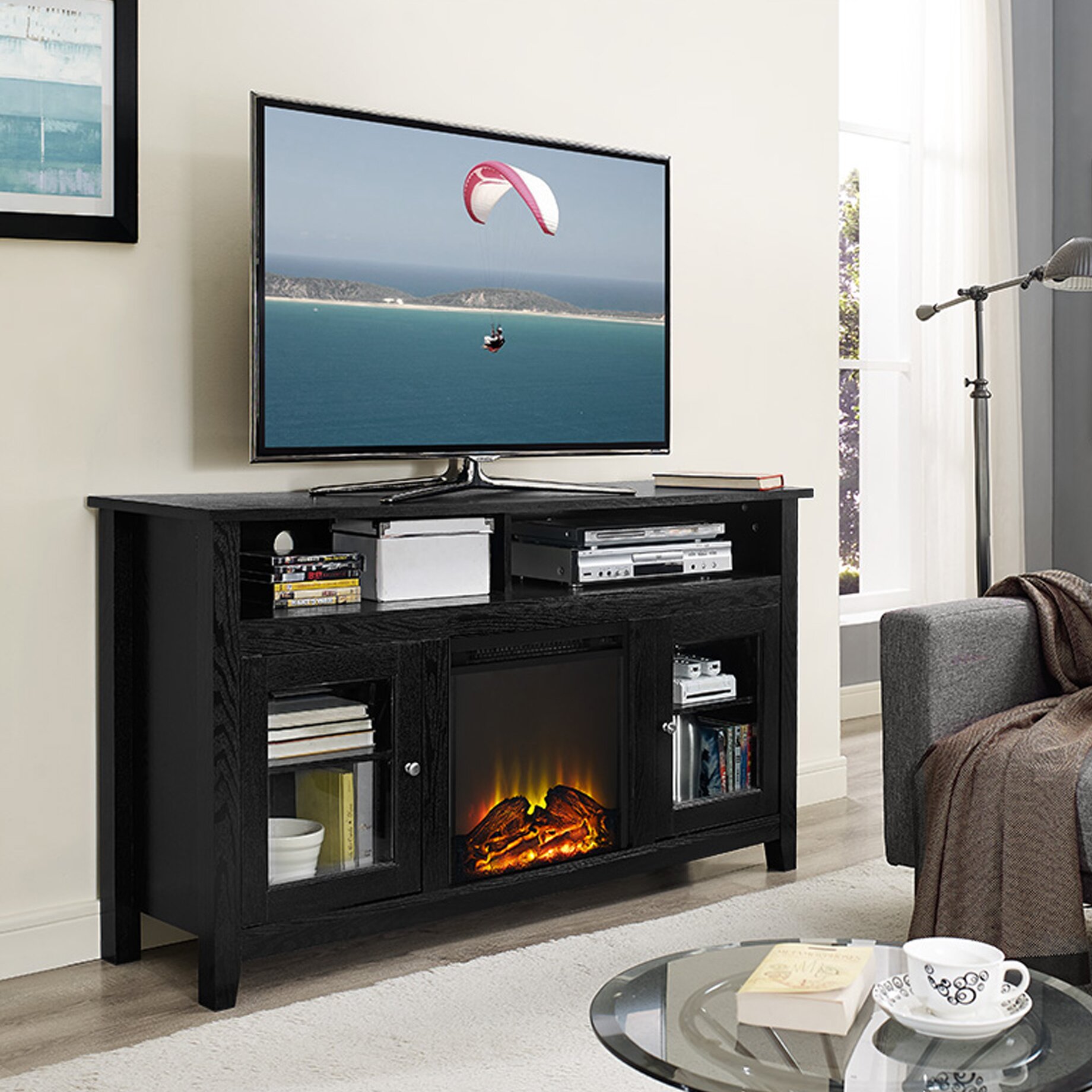 Highboy TV Stand with Electric Fireplace  Wayfair