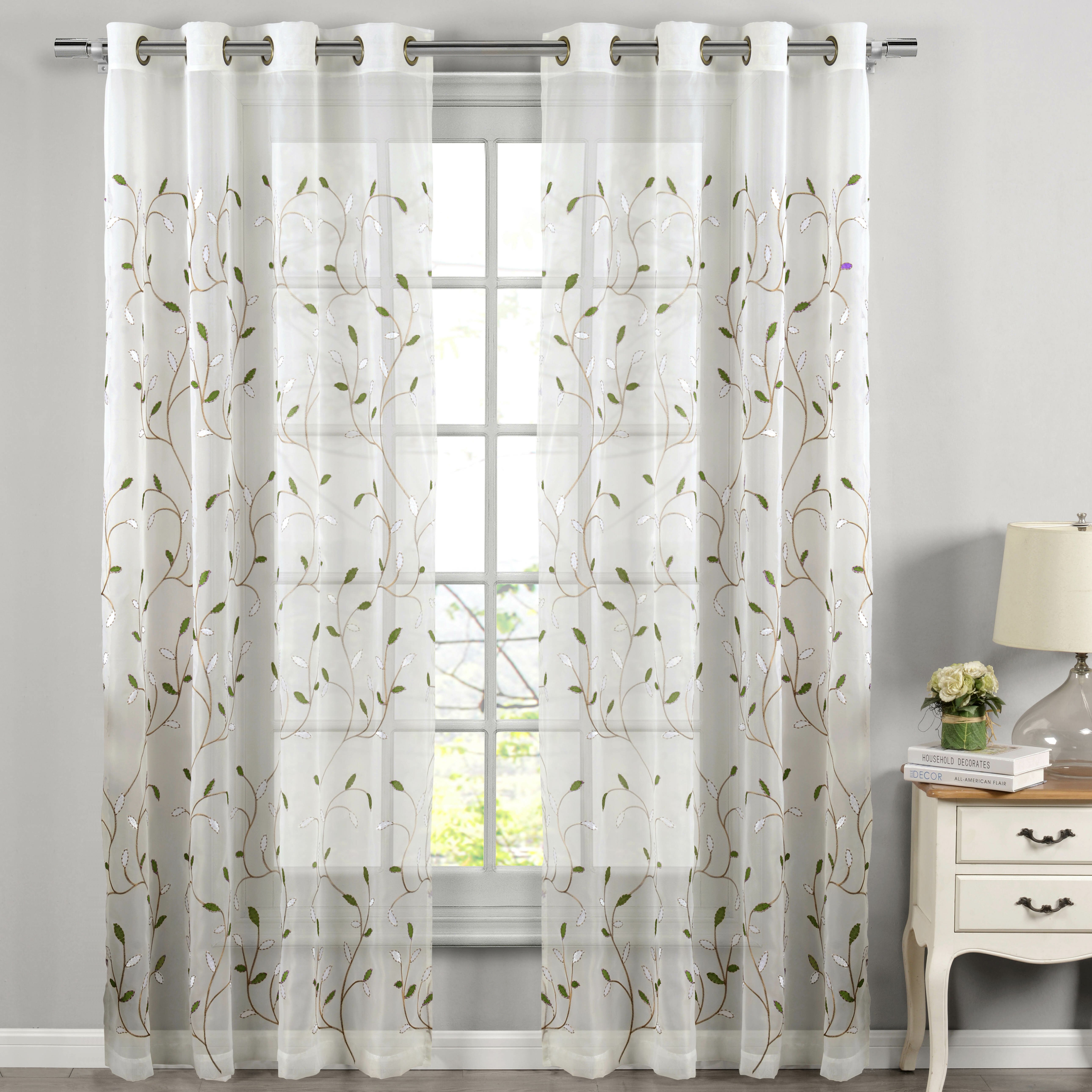 Window Elements Wavy Leaves Embroidered Sheer Grommet Single Curtain ...