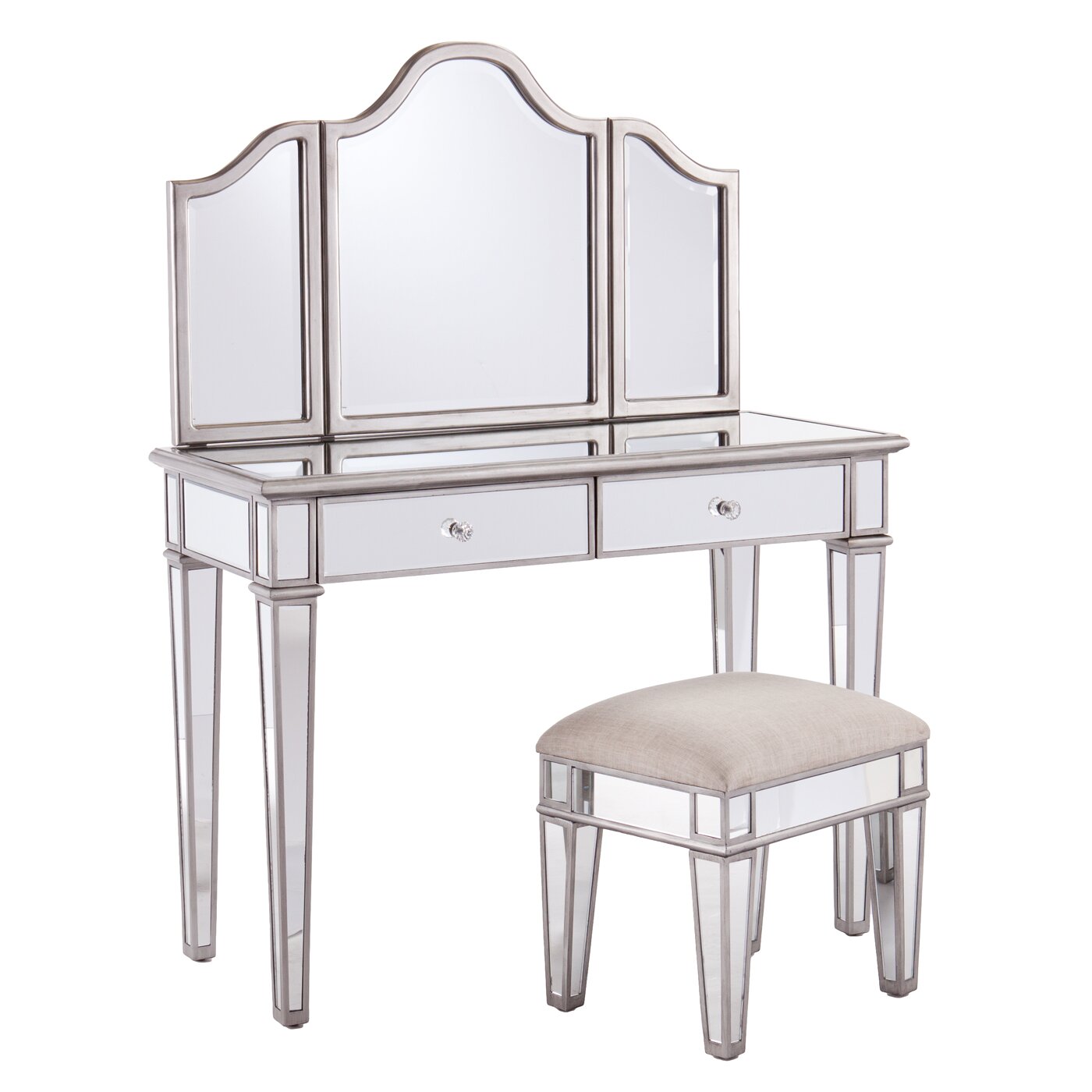 2-Piece Kaila Mirrored Vanity & Stool Set | Wayfair