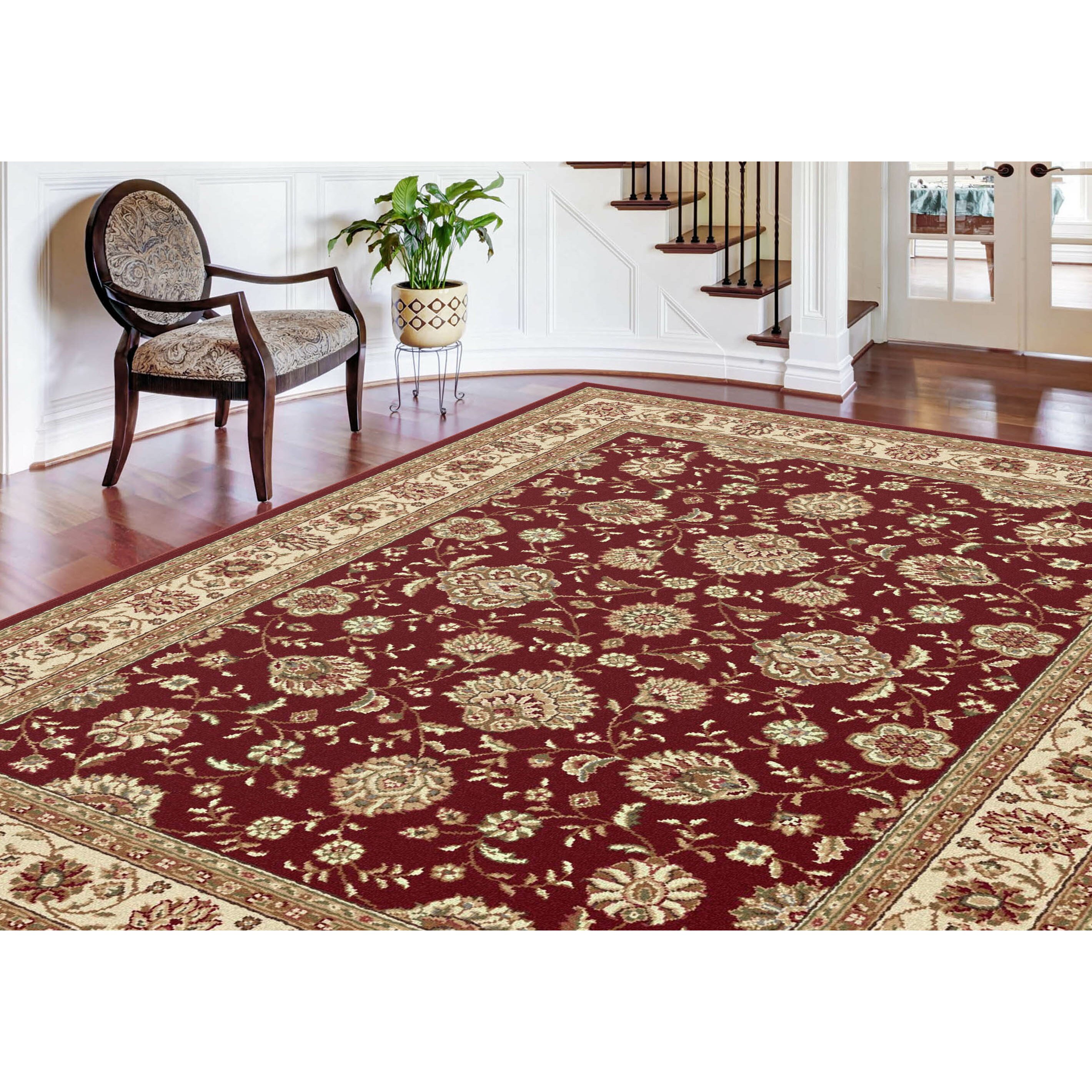 light blue rug with red