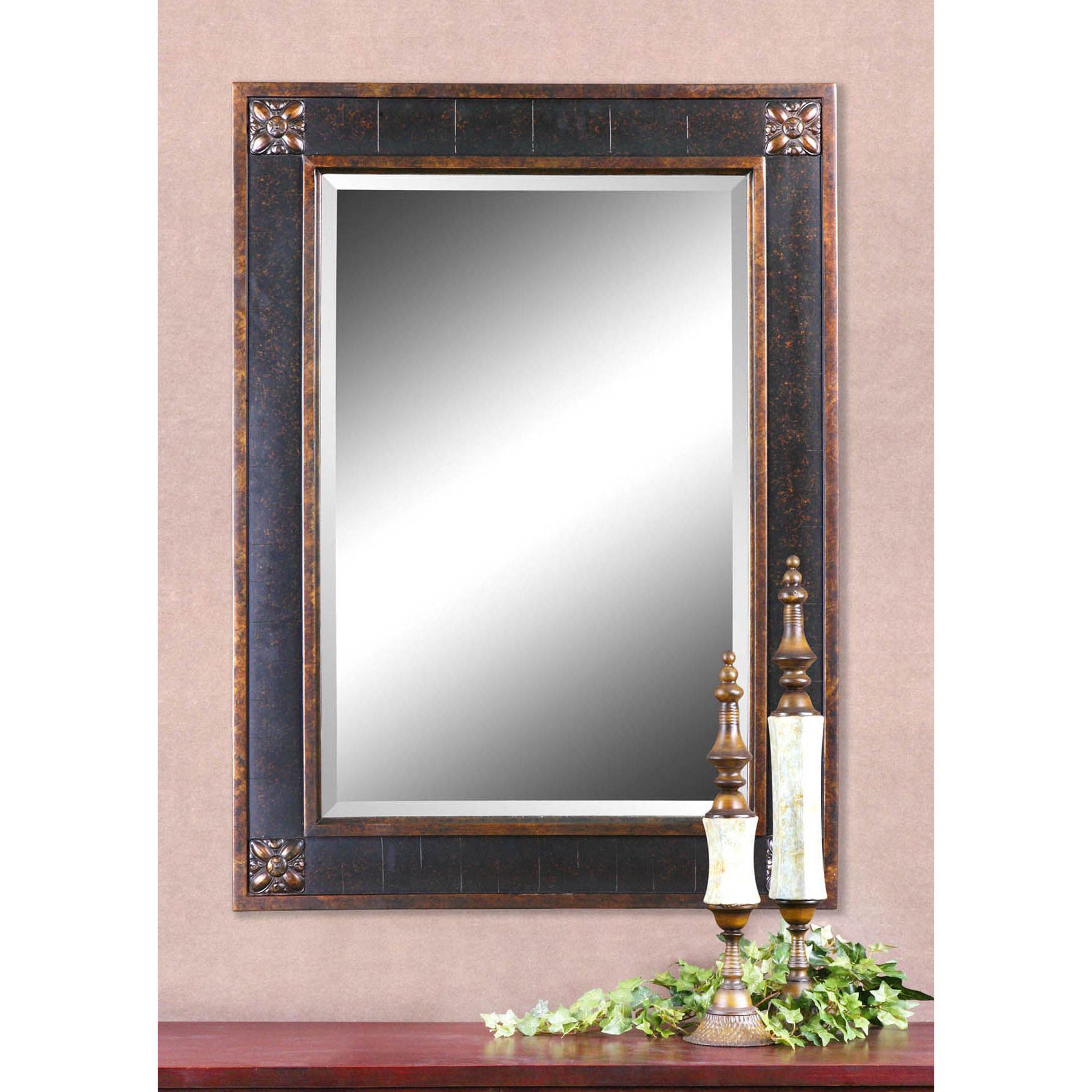Rosalind Wheeler Rectangular Beveled Vanity Mirror in Distressed Walnut
