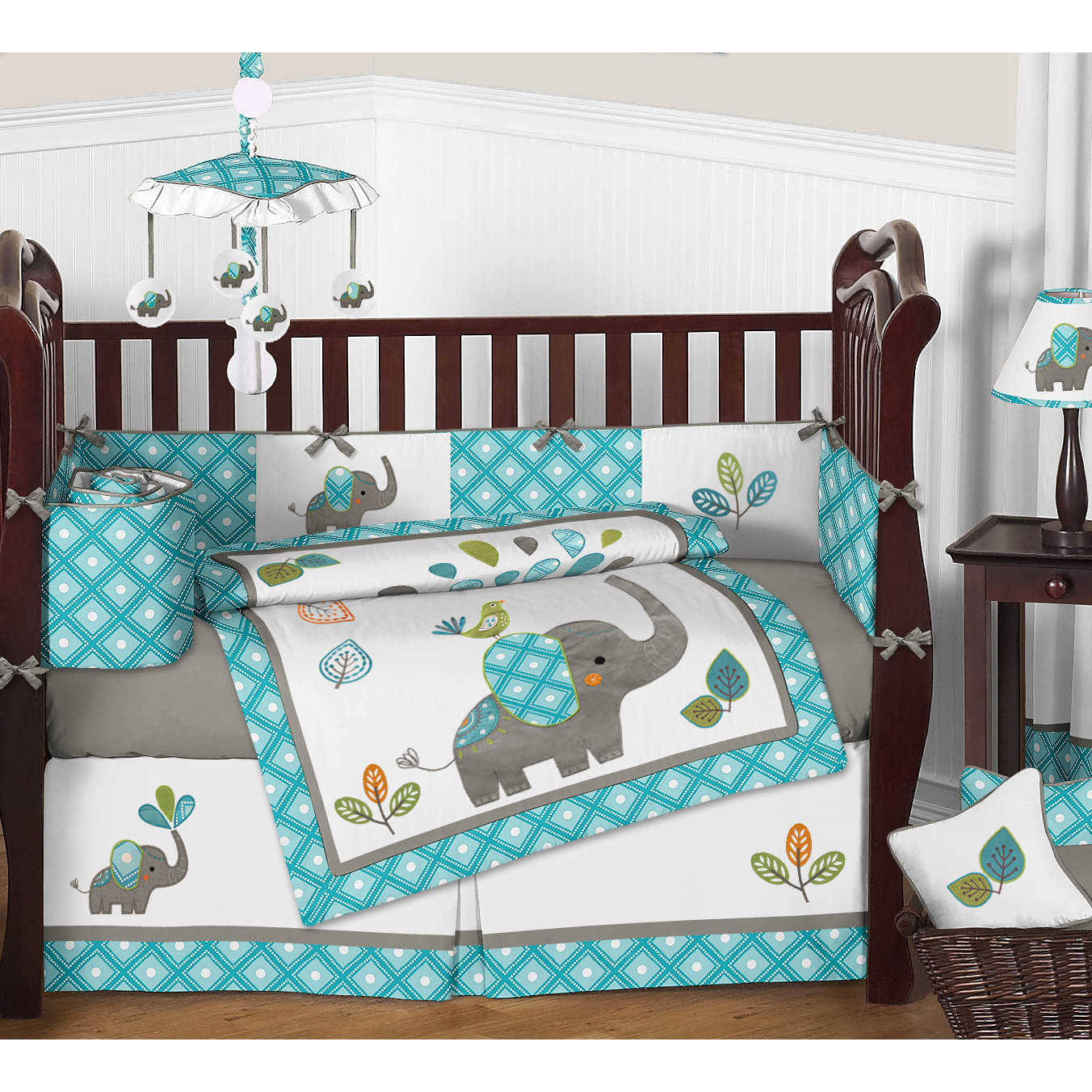 9pc Crib Bedding Set for the Mod Elephant Collection by Sweet Jojo Designs ModElephant 9