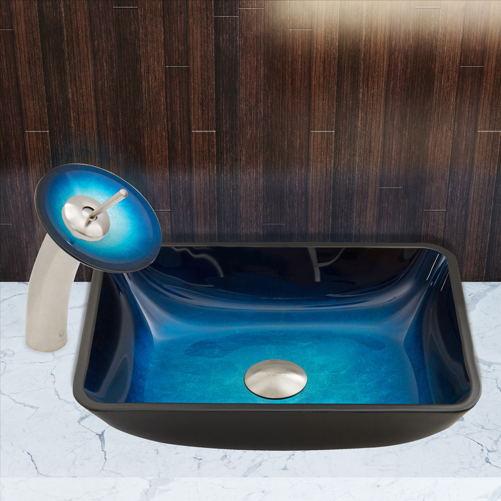 Vigo Rectangular Turquoise Water Glass Vessel Bathroom Sink and
