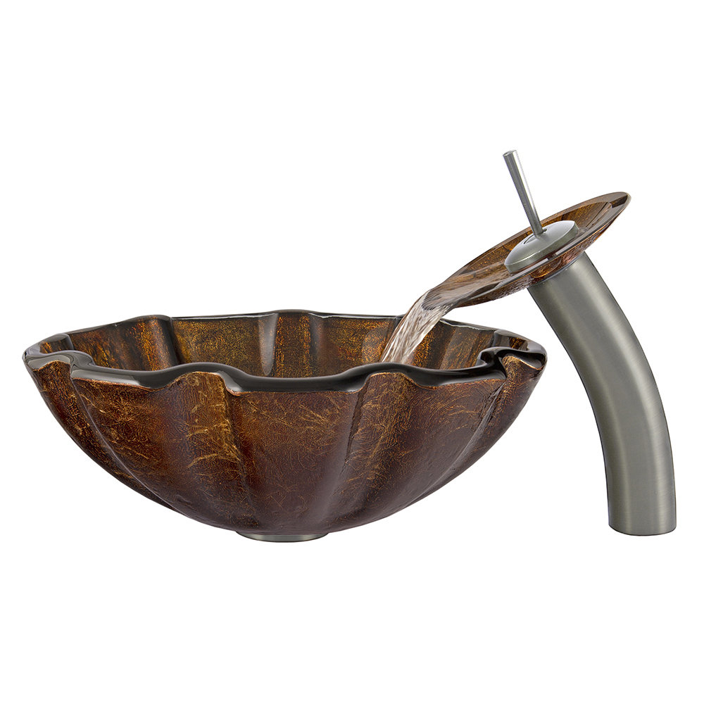 Walnut Shell Glass Vessel Bathroom Sink and Waterfall Faucet with Pop ...