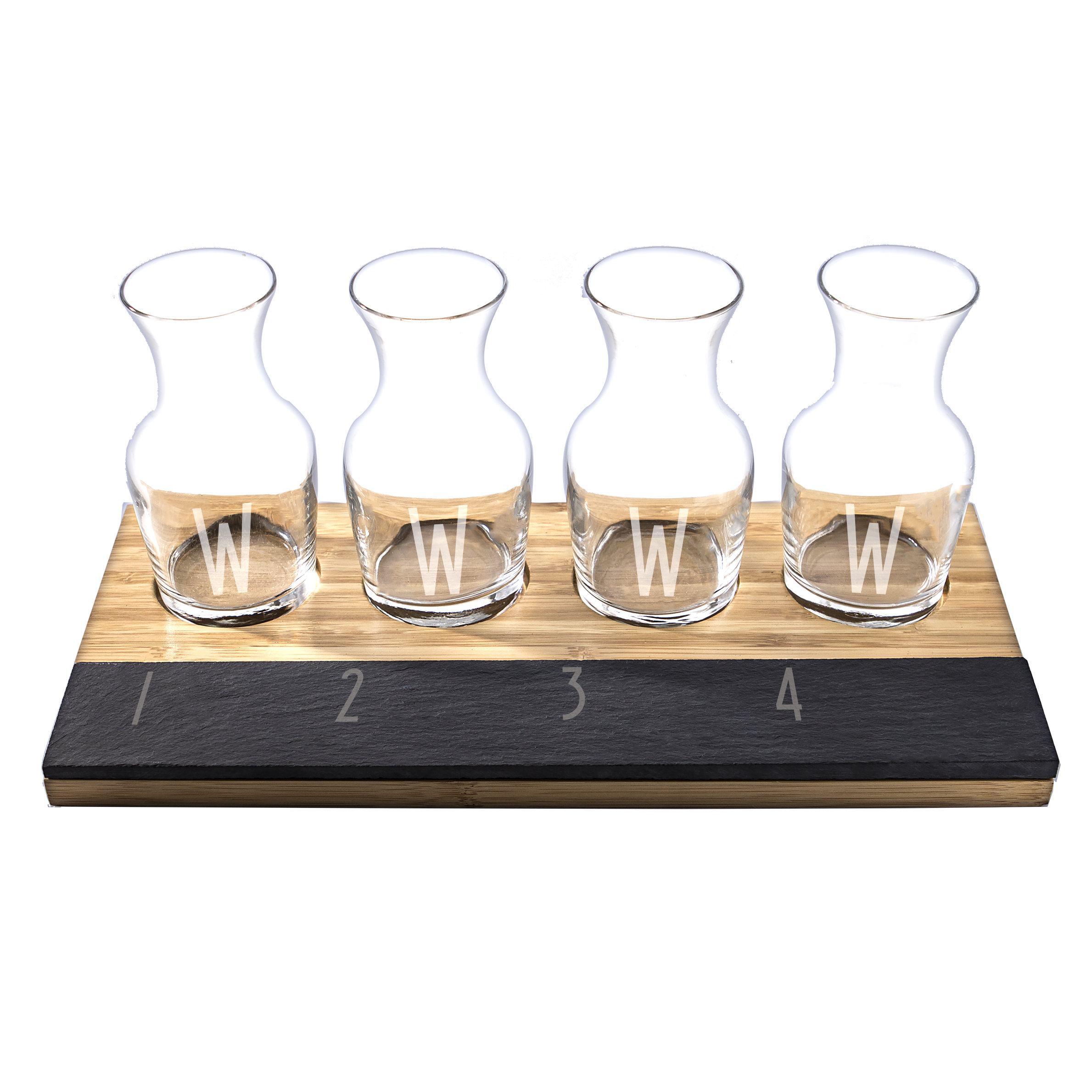 6 Piece Personalized Bamboo and Slate Wine Tasting Flight Decanter Set